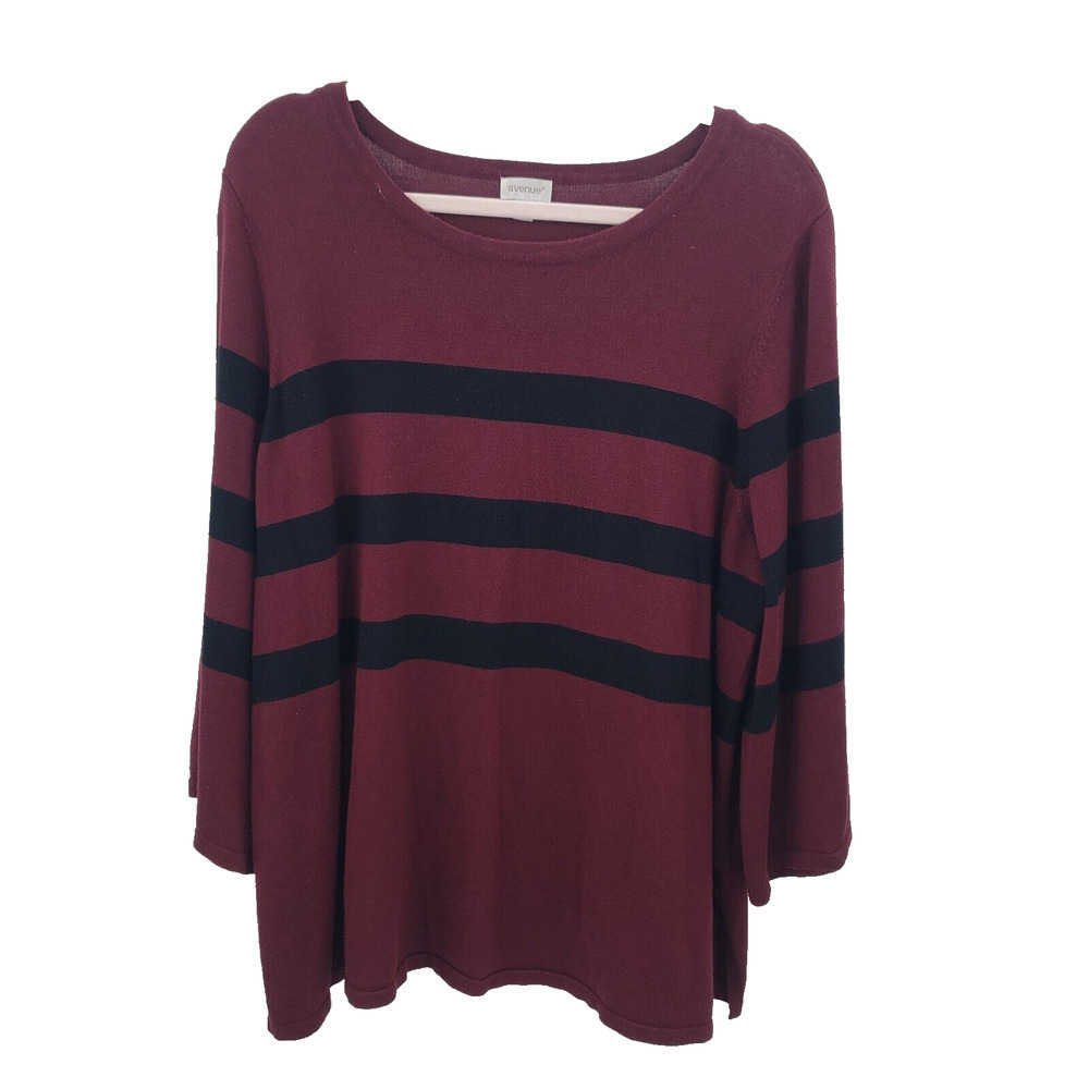 Avenue Striped Sweater Women 1x Burgundy Black 3/4 Sleeve Round Neck Cotton Blnd
